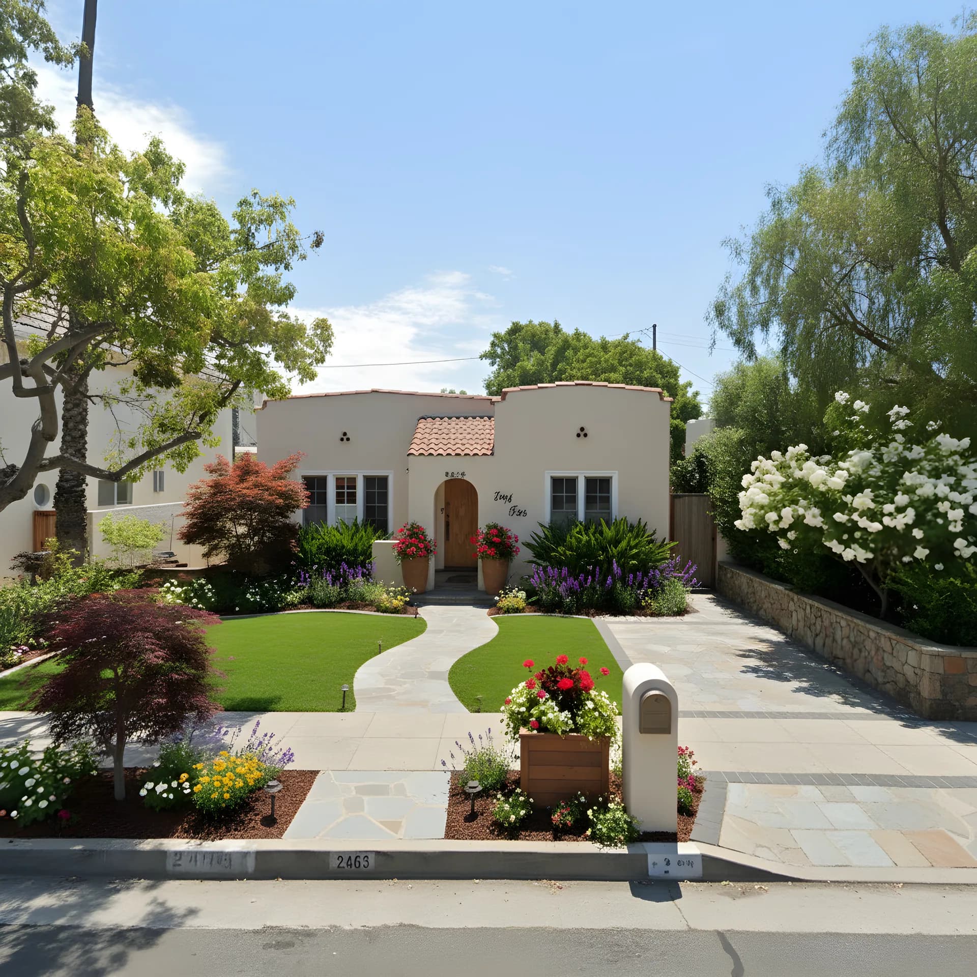 AI-generated landscaping visualization showing a transformed residential property with professional hardscaping and landscaping