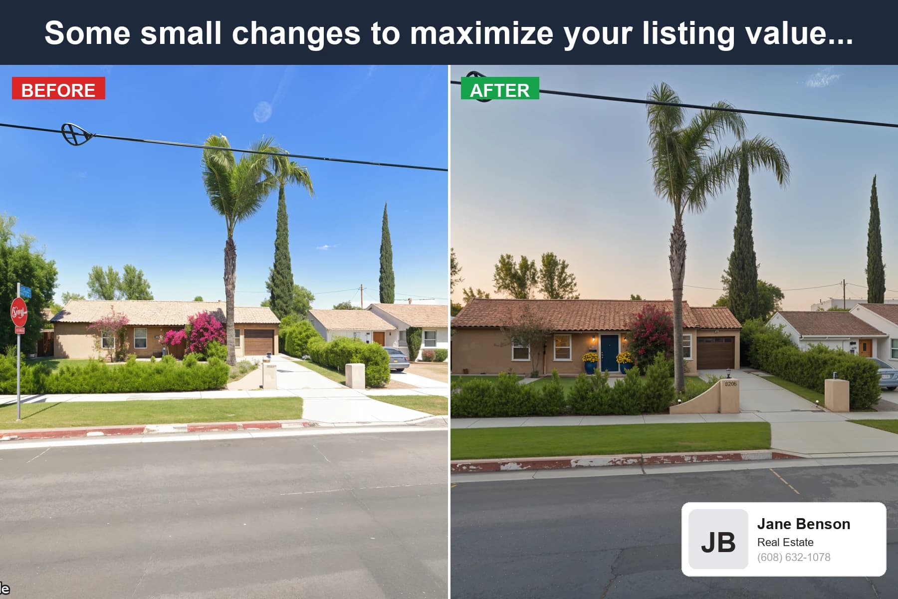 Sample Scaped.ai realtor postcard showing a homeowner's actual home in street view next to an AI-rendered listing-ready version, with Jane Benson Real Estate branding